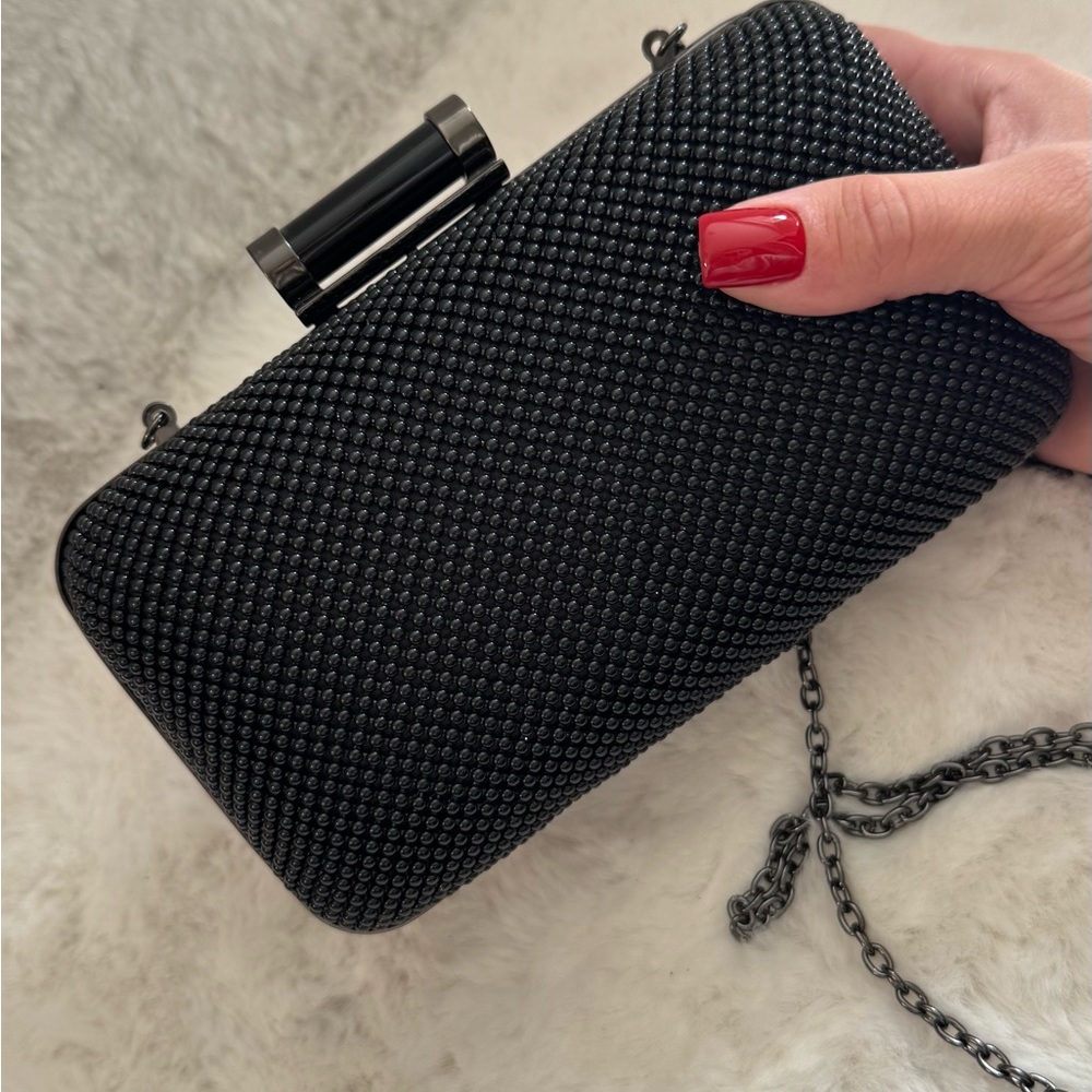 Black Crystal-Textured Evening Clutch with Chain